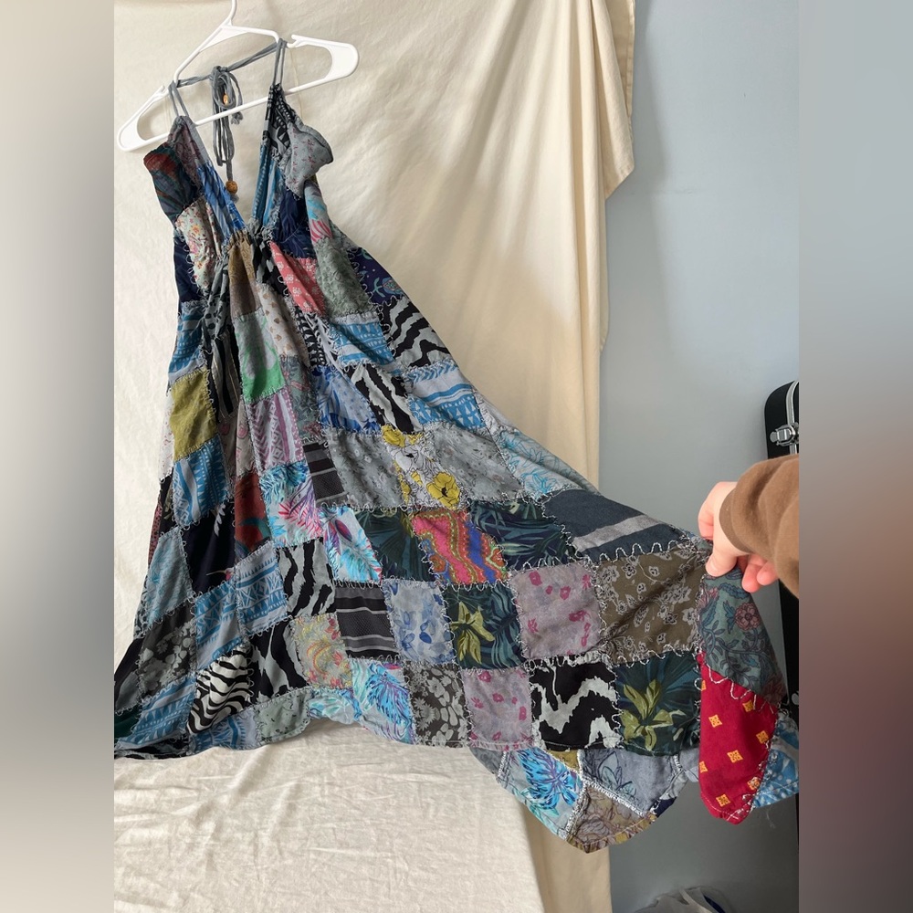 Kantha boho hippie colorful patchwork Asymmetrical handkerchief hem dress OSFM - Picture 2 of 12